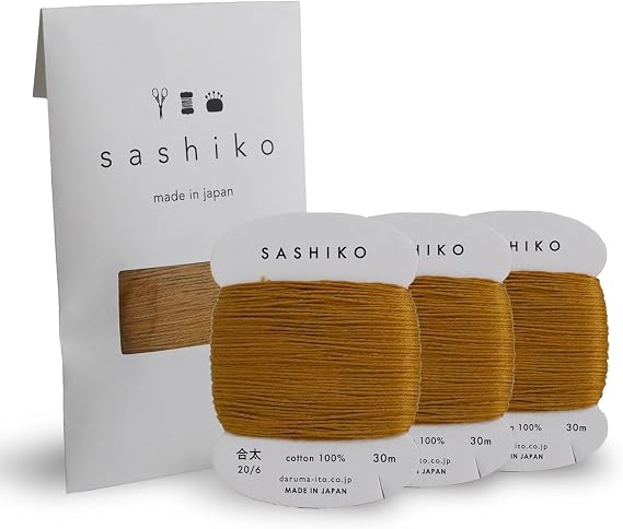 DARUMA Sashiko Thread Card Rolls Set of 3 (32.8 Yards x3) - Sewing & Embroidery, Includes Instruction Manual and Gift Packaging (Thick, Brown Gold)