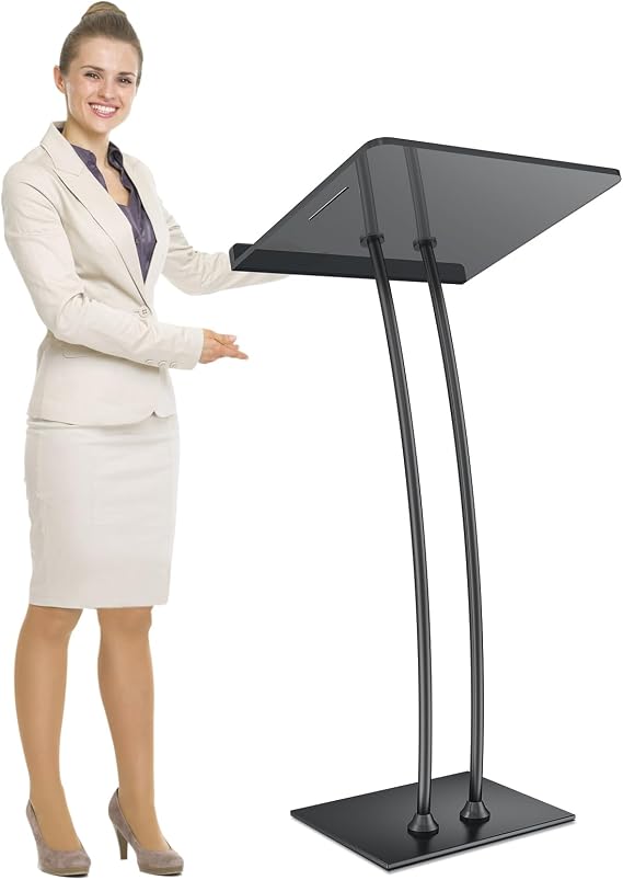 45" Acrylic Podium Stand, Ultra Clear Iron Pulpit for Churches, Modern Podium Lectern for Conferences, Speeches, Classrooms, 44.9" H x 23.6" L x 15.7" W