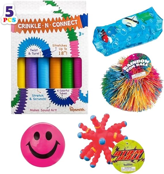 Toysmith Activity Pack Bundle Light Up Happy Ball, Atom Balls, Crinkle N Connect, Rainbow Pom Ball & Sealife Water Snake Sensory, Interactive Toys & Gifts for Kids Ages 3+