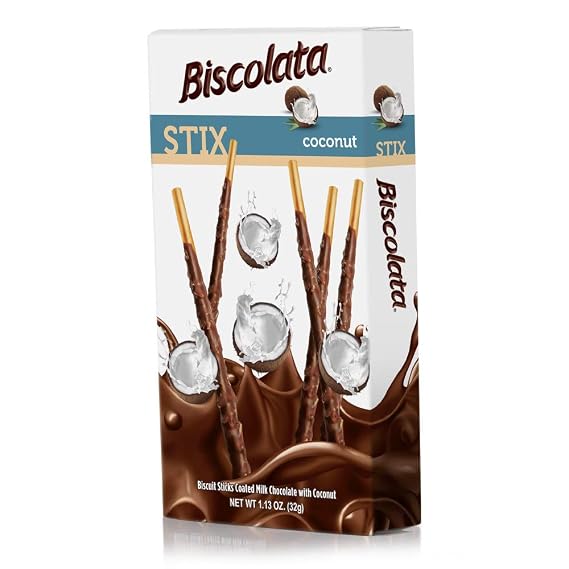 Biscolata Stix Biscuit Snacks Coated with Premium Milk Chocolate & Coconut - Smooth Chocolate Cream Covered Pretzel Sticks, Chocolate Dipped Indulgent Snack (9-Pack)