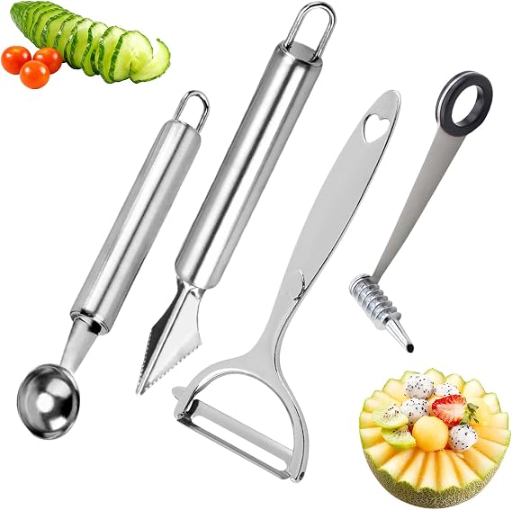 4-Piece Kitchen Spiral And V-Shaped Tools, Vegetable Peeler, Crinkle Cutter Knife, Multifunctional Kitchen Set, Manual Kitchen Tools for Creative Food Decoration(Silvery)