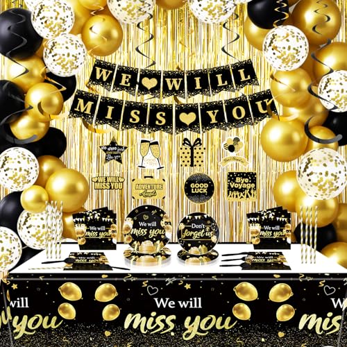Black Gold Farewell Party Decorations for Men Women Included Going Away Banner We Will Miss You Balloons Plates Napkins Cutlery Tablecloth Foil Backdrops for Retirement Office Leaving Party Supplies