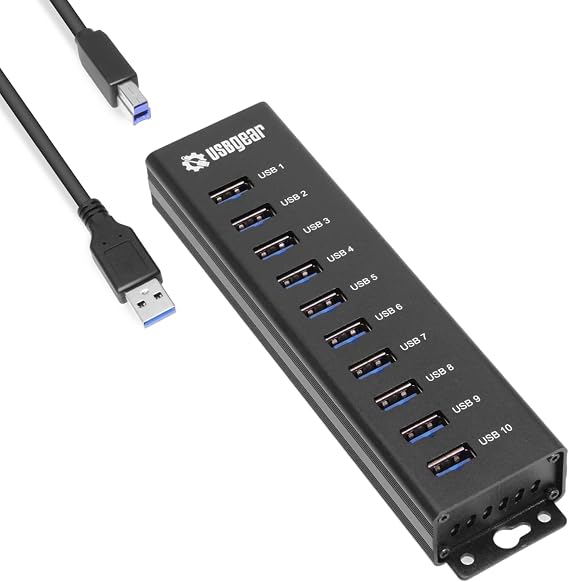 USBGear 10-Port USB Hub 3.2 Gen 1 Mountable SuperSpeed Data Hub with USB Ports for Laptop, PC, Desktop, and More, 5V/4A Power Adapter with Type-A to Type-B Cable (3ft), Computer Accessories