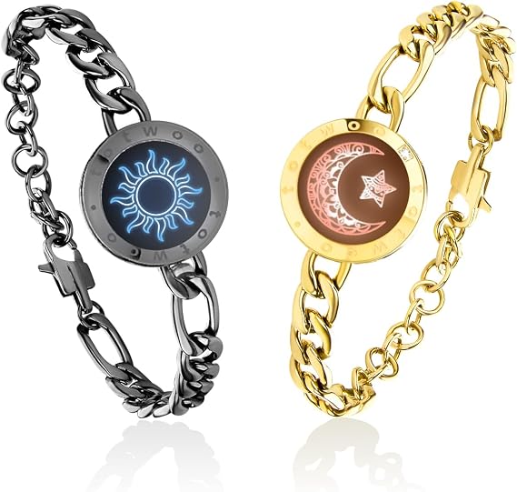 TOTWOO Long Distance Touch Bracelets for Couples, Vibration & Light up for Love Couples Bracelets, Sun&Moon Touch Bracelets with Figaro Chain(Black+Gold) Gifts for Friend Bluetooth Pairing Jewelry
