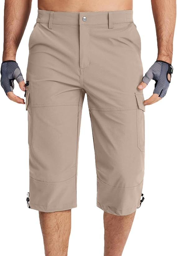 Yolimok Men's 3/4 Length Cargo Shorts Summer Outdoor Hiking Walking Combat Golf Cropped Trousers with Zip Pockets Quick Dry Breathable Stretch Cotton Chinos 3/4 Trousers Everyday Workwear