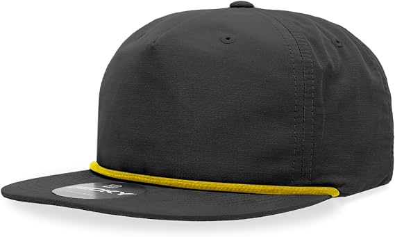 5 Panel High Profile Relaxed Cotton Blend Rope Hat, Black/Gold