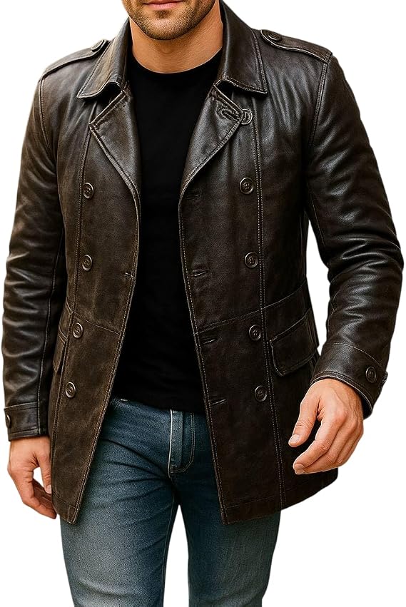 Mens 3/4 Mid Length Genuine Lambskin Leather Double Breasted Trench Coat - Vintage Brown Leather Blazer Jacket Car Coat