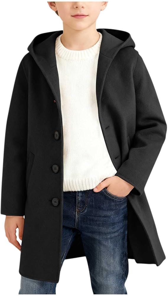 Boys Trench Coat Long Sleeve Wool Blend Peacoat with Pocket Dressy Casual Button Down Hooded Jacket Kids Outerwear Size 10-12