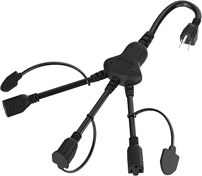 Elecan 3 Way Power Extension Cord Y Splitter Cable 1.5 Ft-3 Prong 1 to 3 Extension Cord-Multi Outlets–ETL-SJTW 16 Gauge 13 A125 V for Lighting, Landscaping & Holiday Decorations-Black-1PK