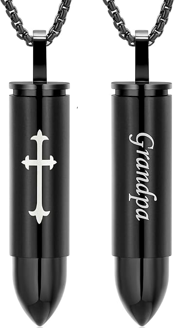 Oinsi Double-Side Engraving Cross &Mom/Dad/Son Keepsake Jewelry -Black Bullet Cremation Urn Necklace For Ashes