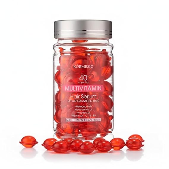 Hair Vitamin Serum Capsules, No-Rinse Repair Treatment with Argan, Macadamia & Avocado Oils, Vitamins A, C, E & Pro B5, Anti-Frizz & Glossy Finish, All Hair Types, 40 Capsules