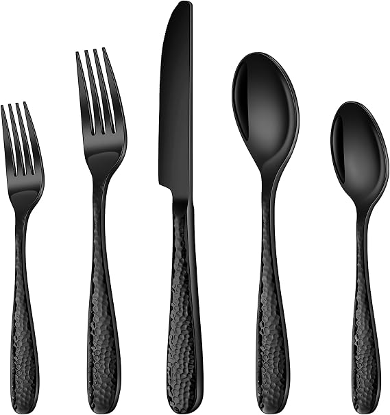Black Silverware Set, Ollex 70PCS Hammered Flatware Set for 10 Stainless Steel Eating Utensils Sets Include Forks Spoons and Knives Tableware Kitchen Cutlery Sets, Mirror Finish & Dishwasher Safe