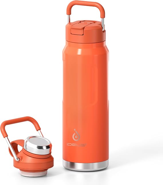 IDEUS 32oz Insulated Stainless Steel Water Bottle with 2 Lid, Orange