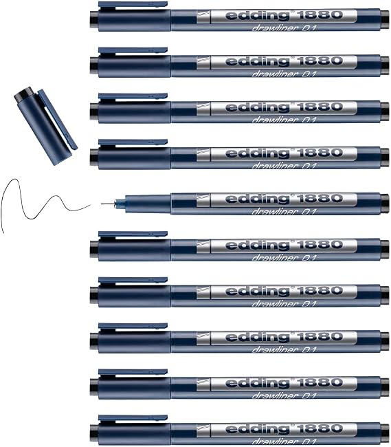 edding 1880 profipen - black - 10 pens - line width 0.1 mm - fineliner pen for precise writing, sketching and technical drawing - fine, metal-encased nib - suitable for use with rulers and stencils