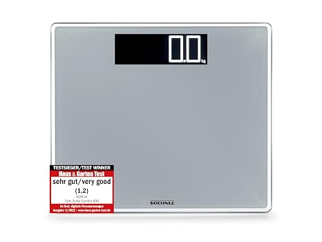 Soehnle Digital Scale Style Sense Comfort 600 Extra Large Bathroom Digital Scale with 4.5 cm LCD, 200 kg Capacity, Auto On/Off, Safety Glass, Precise Weight in kg/lb/st Silver
