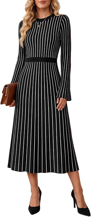 Wenrine Womens Long Sleeve Midi Sweater Dress Crew Neck A-Line Dresses