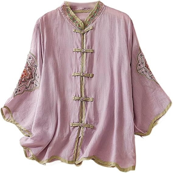 Chinese style suit embroidered cotton linen shirt for double- folding and sequin sleeves Zen top