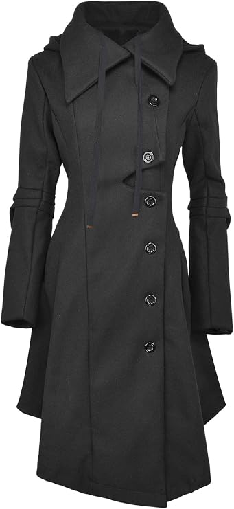 QZUnique Long Trench Pea Coat for Women - Winter Trench Coat Goth Lapel Peacoat Outwear Thick Hood Pea Jacket Trenchcoat