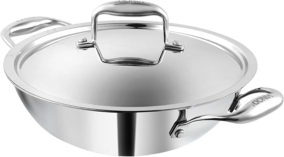 Vinod Platinum Kadai Triply Stainless Steel | Suitable for Indian Cooking, Sauces, Stews, Soups | Deep/Extra Deep Kadai with Lid | Induction, Electric Friendly (Deep Kadai, 30cm)