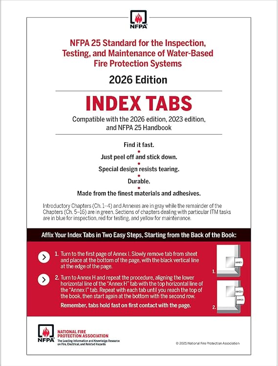 National Fire Protection Association NFPA 25, Standard for The Inspection, Testing, and Maintenance of Water-Based Fire Protection Systems Self-Adhesive Index Tabs 2026