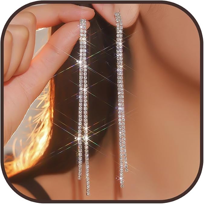 Silver Rhinestone Tassel Earrings for Women Sparkly Long Chandelier Dangle Earrings for Prom, Party, Wedding, Evening Fashion Homecoming Dresses Jewelry Accessories