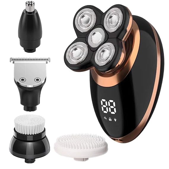 TOPKU Electric Shavers for Men 5 in1 Bald Head Shaver LED Display Rechargeable Cordless Wet Dry Rotary Shaver Grooming Kit,Razors with Hair Clippers Nose Hair Trimmer Facial Cleansing Brush