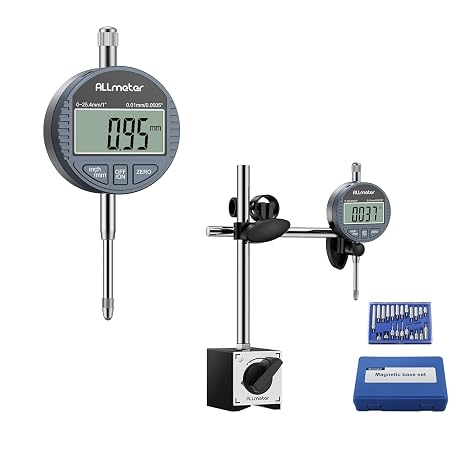 Digital Dial Indicator Set with Magnetic Base & 22pcs Testing Tips, 0-1 Inch/25.4mm, 0.01mm Resolution, Large LCD Display, Metric/Imperial Conversion, for 3D Printers, Lathes, and Workshops