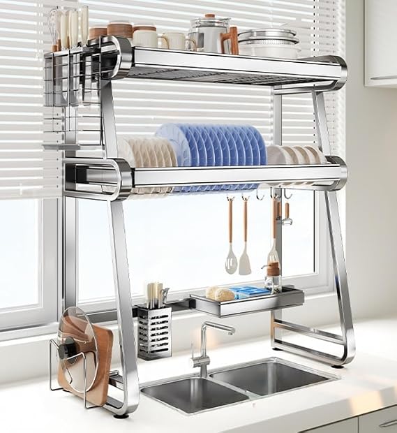 Over The Sink Dish Drying Rack,Dish Rack Over Sink,with Cabinet Door Space-Saving Kitchen Organizer for Plates,Bowls,Utensils Double-Layer L65cm(25.6in)