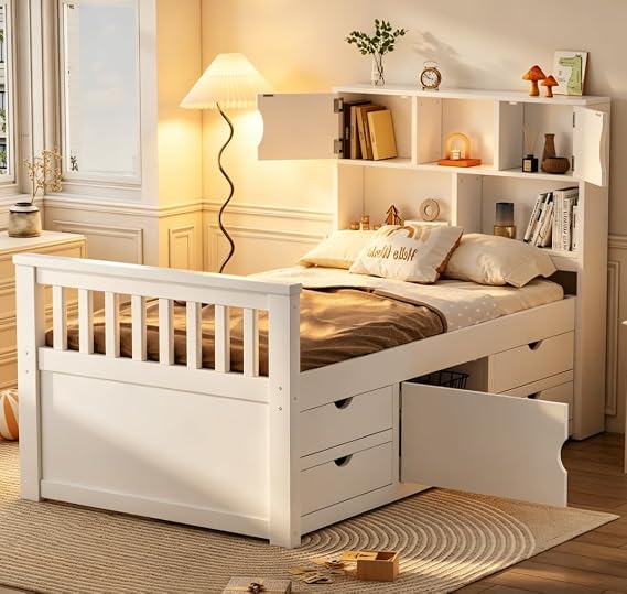 Bellemave Twin Captains Bed with Storage Drawers, Daybed with Drawers, Captain Platform Bed Frame with Storage Bookcases and Shelves for Kids, Teens, Adults, White