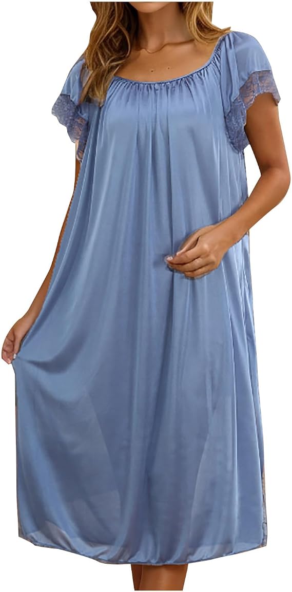 Long Silky Nightgown for Women, Flowy Vintage Lace Short Sleeve Sleep Gown, Baggy Maternity Sleepwear Loungewear