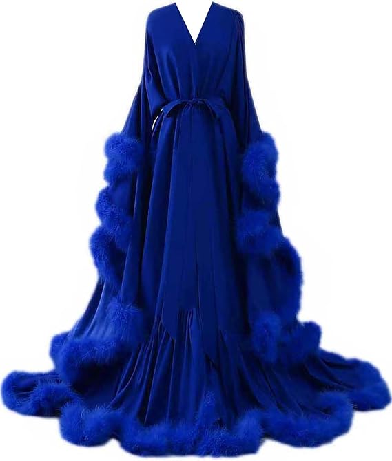 Womens Sexy Feather Bridal Robes Silk Satin Long Nightgown Bathrobe