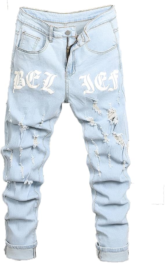 DFGIGT Mens Womens Lightweight Slim Fit Stretch Ripped Jeans Summer Spring Distressed Destroyed Denim Pan Skinny Jeans