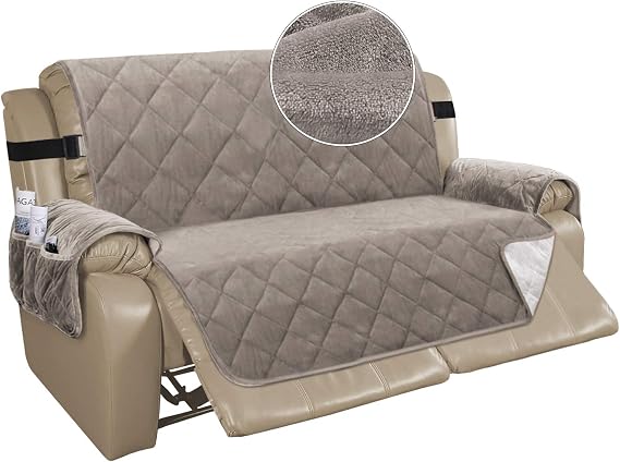 Turquoize Velvet Recliner Couch Cover for 2 Cushion Loveseat - Slip Resistant Protector With Straps, Seat Width Up to 54" (Taupe)