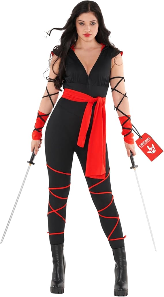 Morph, Ninja Costume Women, Halloween Costumes for Women | Red, Black Hooded Bodysuit with Leg Ties, Coordinating Belt Included, Perfect for Halloween, Great for Dress-Up