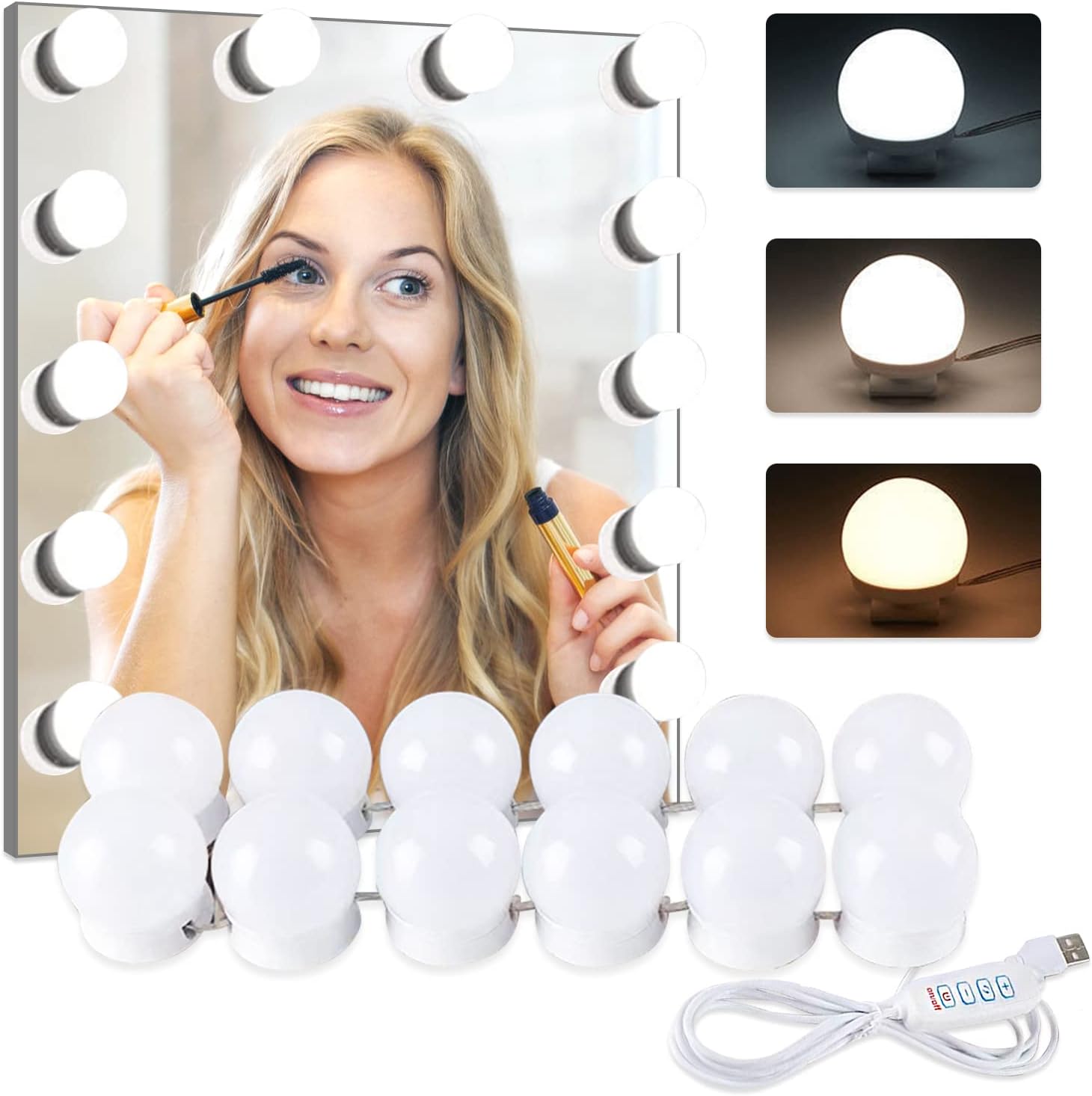 Alopee Vanity Mirror Lights, Hollywood Style USB Makeup Mirror Lights Kit with 12 Dimmable LED Bulbs, 3 Colours Modes 10 Levels Brightness Dressing Light for Dressing Table Room, Bathroom