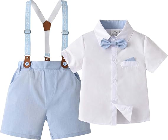 Baby Boys Gentleman Outfits Suits, Infant Shirt+Shorts+Bow Tie+Suspenders