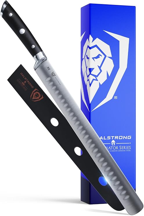 Dalstrong 12" Slicing Knife Granton Edge, Forged German HC Steel, 56+ HRC For BBQ Brisket, Holiday Roasts & Turkey Carving Full-Tang G10, Sheath, Gladiator ELITE, customer support
