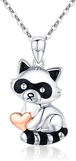 CHENGHONG Sterling Silver Cardinal Necklace - Cute Raccoon Pendant Moss Agate Cardinal Raccoon Jewelry Gifts for Women