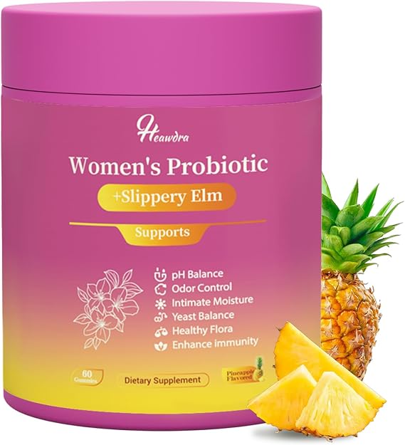 Her Juicy Women's Probiotic Gummies: ph Balance for Women & Slippery elm for Women, Clean Vegan, Pineapple Flavor, Prebiotics Blend, with Slippery Elm, Gut Health & Immune Defense, 60 Gummies