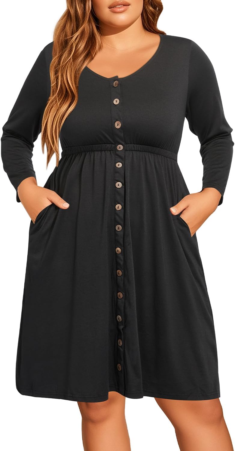 Holipick Womens Plus Size Summer Dresses for Women Casual Dress with Pockets A-Line Swing Button Down Sleeveless V Neck