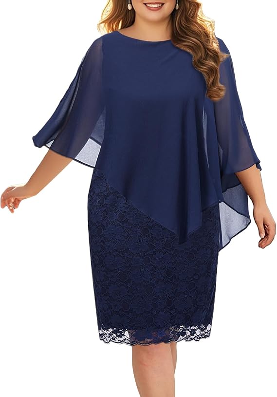 Plus Size Wedding Guest Dresses for Women Semi Formal Lace Cape Dress