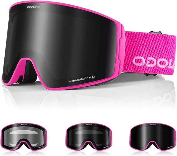 Odoland Anti-Fog Photochromic Ski Goggles with Pattern Strap | OTG, UV Protection, Helmet Compatible Snow Goggles with Clear Large Vision for All Day Skiing Sports
