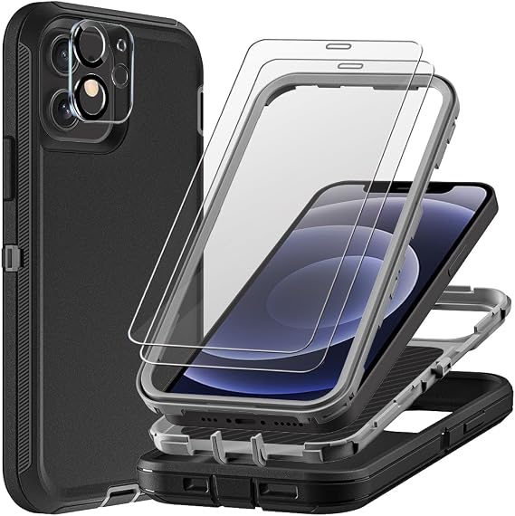 for iPhone 12 Case with 2Pcs Tempered Glass Screen Protector and 1Pcs Camera Lens Protector, Military Grade 3 in 1 Heavy Duty Shockproof/Drop Proof/Dust Proof Case (Black/Grey)