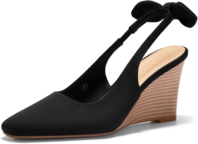 Coutgo Womens Wedge Sandals Slingback Bow Heels Closed Square Toe Summer Dress Shoes