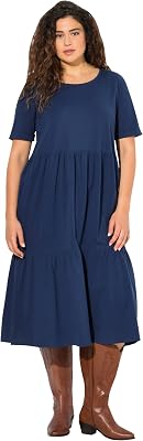 Ulla Popken Womenswear Plus Size Curvy Flounce Panel Short Sleeve Jersey Midi Dress Pale Petrol 50 830868740
