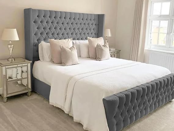 BED CRAFT Wingback Bed chesterfield Frame Double King size Super King size Without Mattress In grey plush velvet handmade in UK (Super King, slate base(without gaslift storage))