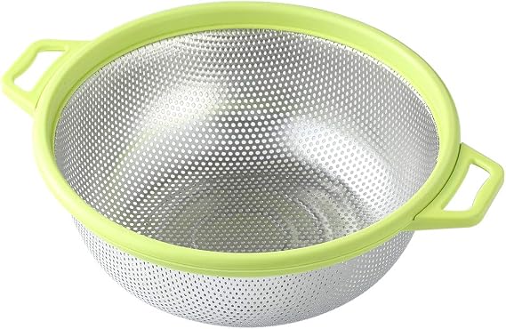HiramWare Stainless Steel Colander With Handle and Legs, Large Metal Green Strainer for Pasta, Spaghetti, Berry, Veggies, Fruits, Noodles, Salads, 5-quart 10.5 Kitchen Mesh Colander, Dishwasher Safe