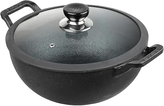 Vinod Legacy Pre-Seasoned Cast Iron Kadai, Wok Induction Friendly, Black, 22cm, 2.4Ltr