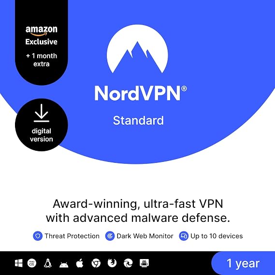 NordVPN Standard, 10 Devices, 1-Year + 1 Extra Month, Digital Code