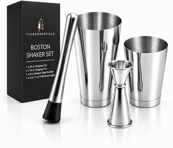 Boston Shaker Set for Cocktails with 28oz and 18oz Weighted Tins, Professional Muddler and Jigger - Stainless Steel Bar Tools (4pc Set)